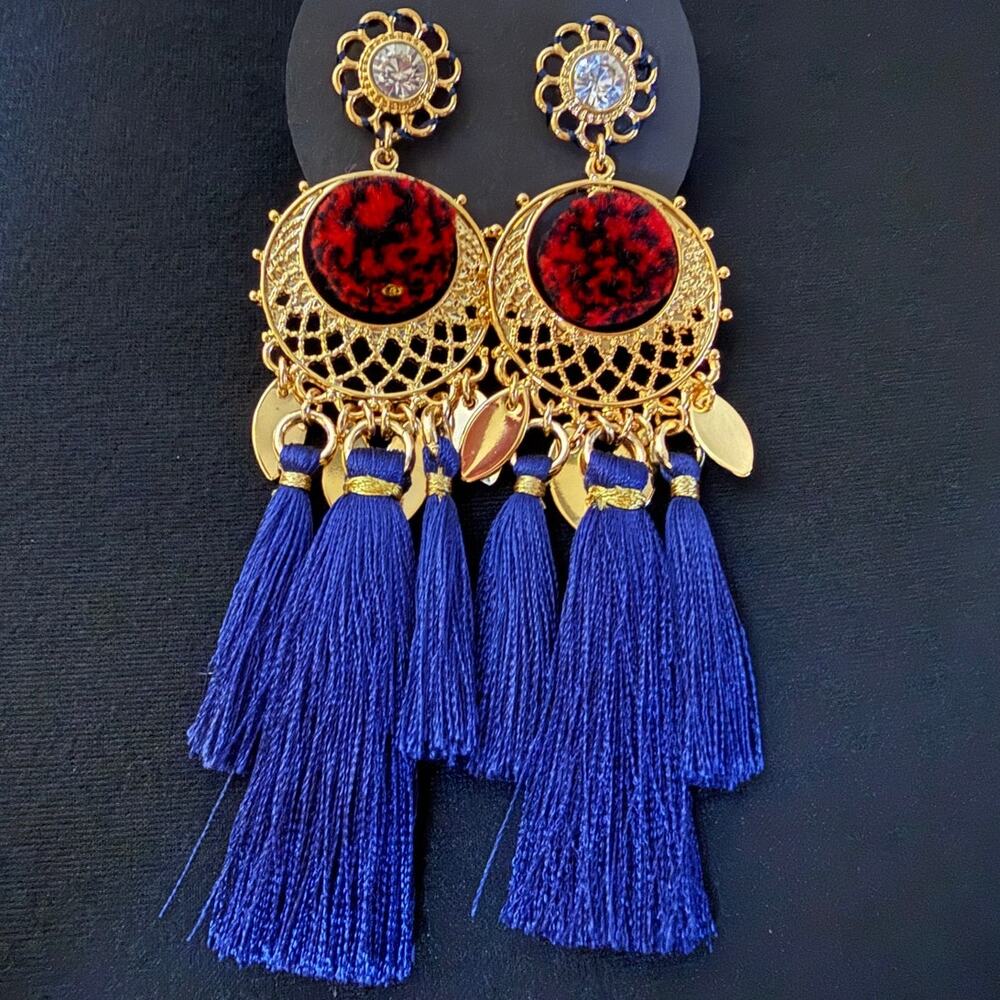 Rebecca Minkoff 4.25" Gold Crystal Blue Tassel Pom Statement Earrings NWOT